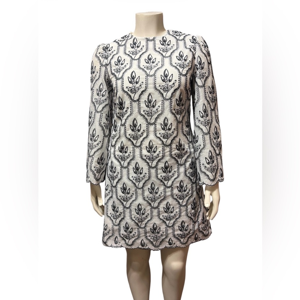 NWTPreston & York Sz 6 White Black Floral Embroidered Long Sleeve Shift Dress
